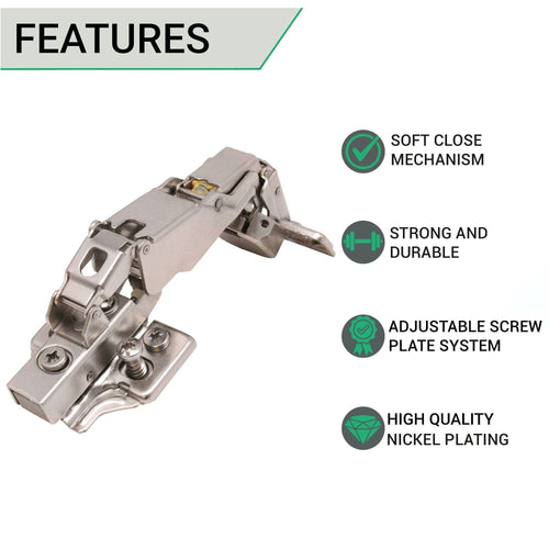 35mm Clip On Sprung Soft Close Kitchen Cabinet Hinge - HALF OVERLAY 165 Deg c/w Euro Screw on Plate - tradefit