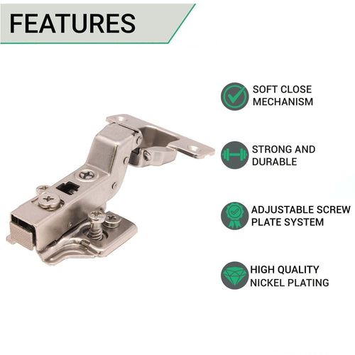 35mm Clip On Sprung Soft Close Kitchen Cabinet Hinge - INSET 110 Deg c/w Euro Screw on Plate - tradefit