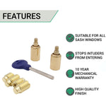 Locking Security Sash Window Stop Set - Pack of 2 with Key - Polished Brass - tradefit - 3