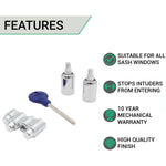 Locking Security Sash Window Stop Set - Pack of 2 with Key - Polished Chrome - tradefit - 3