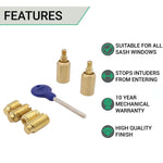 Locking Security Sash Window Stop Set - Pack of 2 with Key - Satin Brass - tradefit - 3