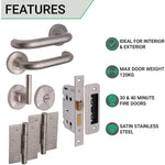 Return To Door Lever on Rose Handle Bathroom Lock Kit - Satin Stainless Steel - 102mm Hinges - 80mm Lock - tradefit - 3