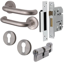 Return To Door Lever on Rose Handle Euro Cylinder Keyed Alike Set - Satin Stainless Steel - 57mm Backset Lock - tradefit