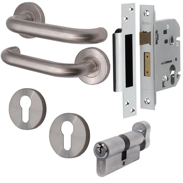 Return To Door Lever on Rose Handle Euro Cylinder Keyed Alike Set - Satin Stainless Steel - 57mm Backset Lock - tradefit - Featured Image
