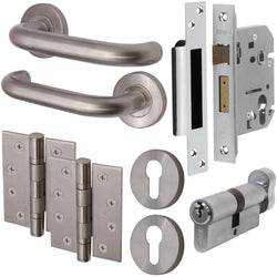 Return To Door Lever on Rose Handle Euro Cylinder Lock Kit - Satin Stainless Steel - 57mm Backset Lock - tradefit