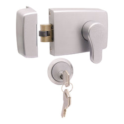Roller Bolt Fire Rated Nightlatch Silver & Satin Cylinder 60mm Backset - tradefit