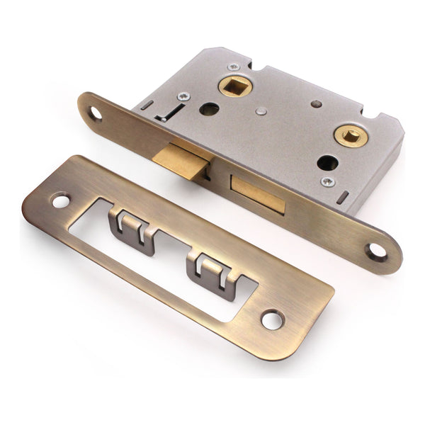 Mortice Bathroom Lock Radius Faceplate - 64mm Case / 44mm Backset - Antique Brass - tradefit - Featured Image