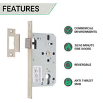Fire Rated DIN Latch - 60mm Backset / 90mm Case / 72mm Centres - Satin Stainless Steel - tradefit - 2
