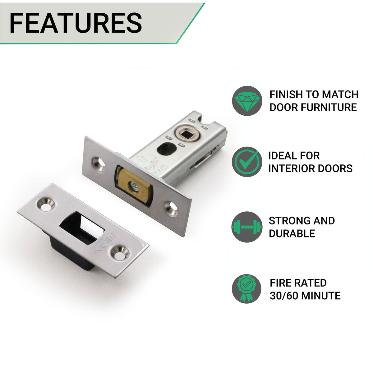3 inch/76mm Tubular Bathroom Deadbolt - 57mm Backset - Polished Chrome - tradefit