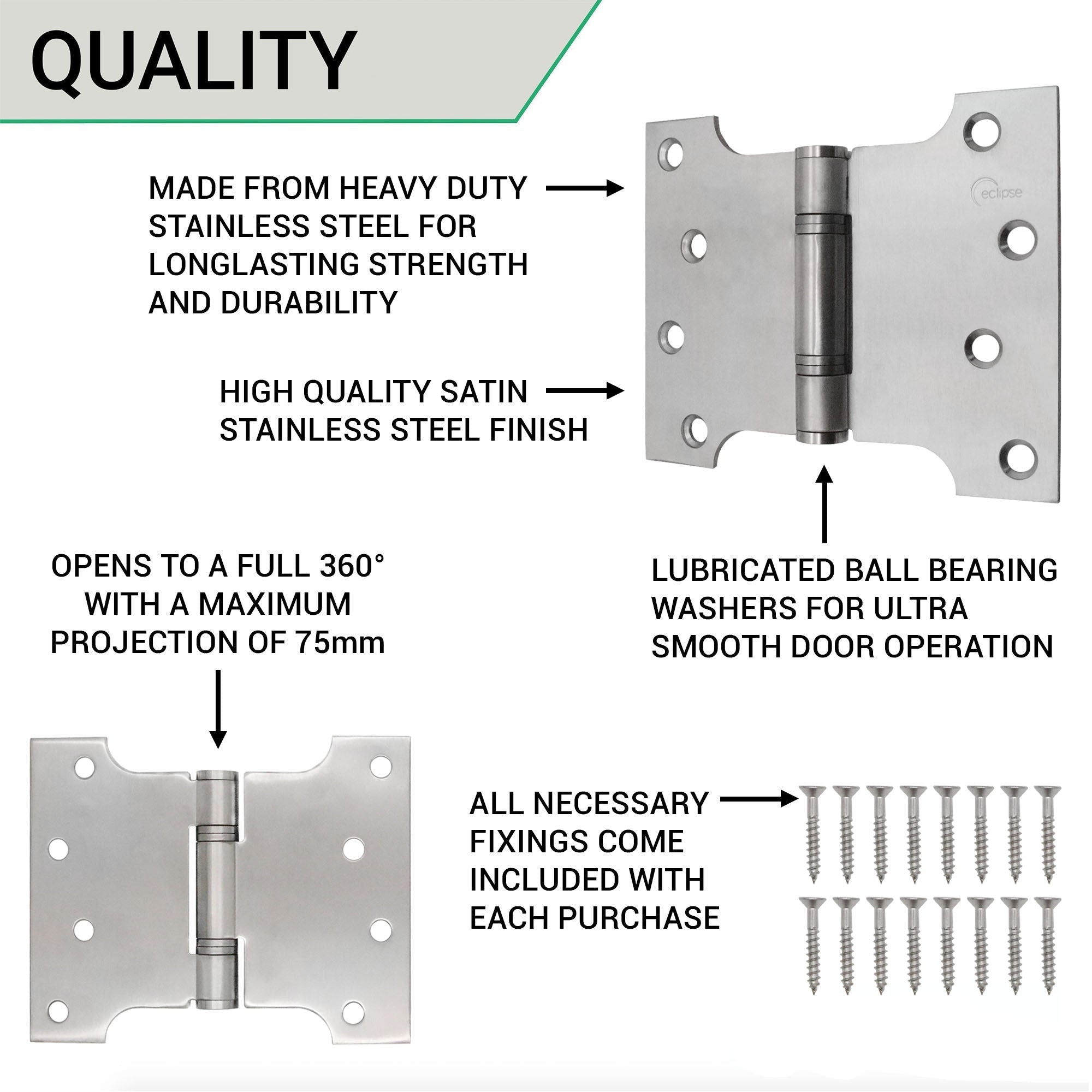 Parliament Hinge Pair - 102x126x3mm - Satin Stainless Steel - tradefit