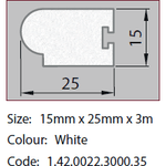 Sash Window Staff Bead - T Slot - White - 15mm x 25mm x 3m - tradefit - 1