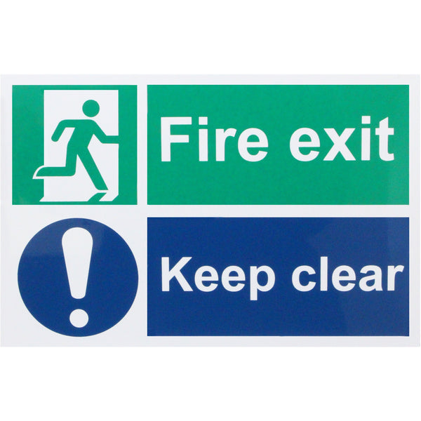 Fire Exit Keep Clear Sign 300x200mm Self Adh Semi Rigid PVC - tradefit - Featured Image