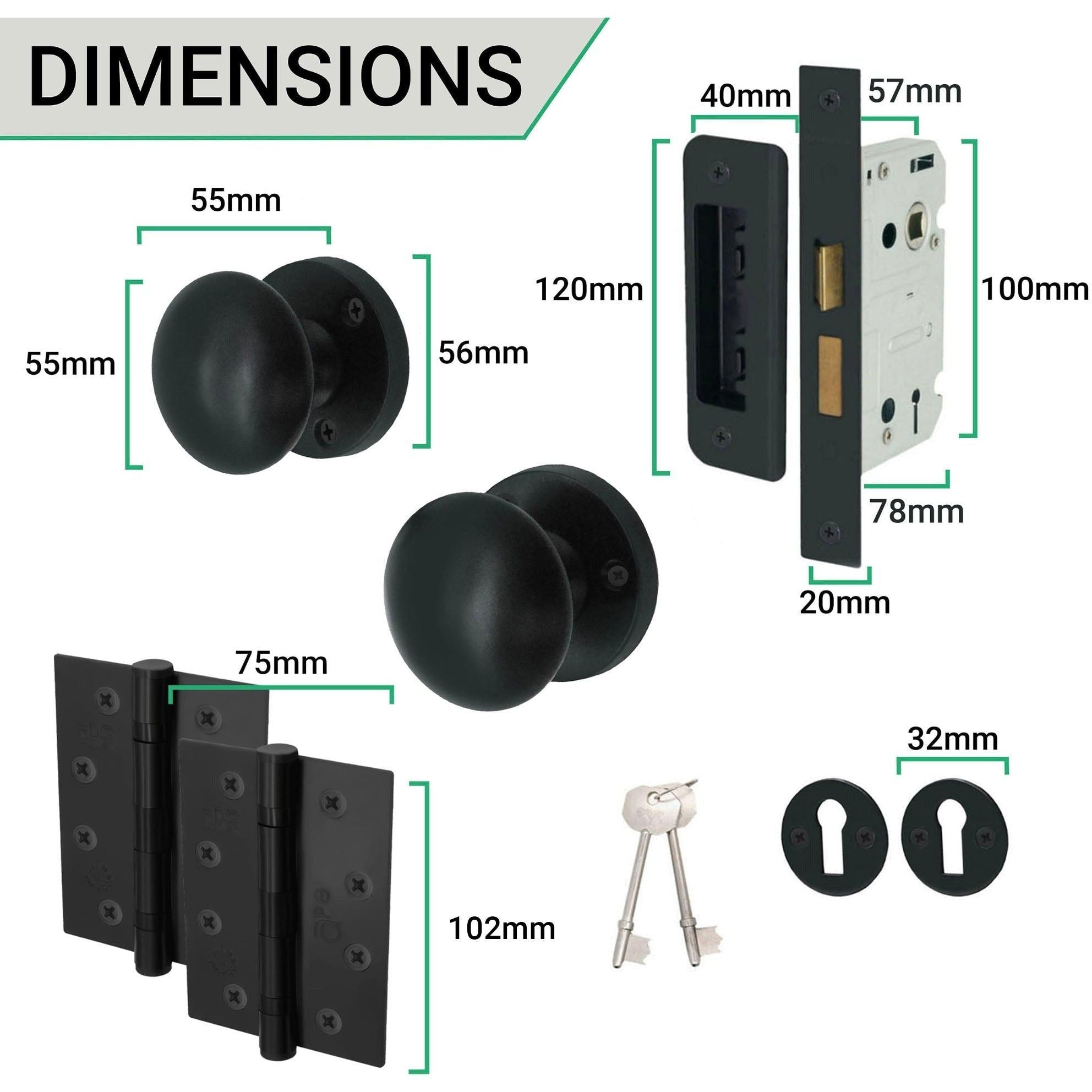 Round Sash Lock Knob Kit Matt Black Knob 55mm Lock 80mm Hinge
