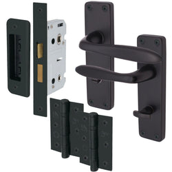 Sassari Matt Black Lever Door Handle Pack - 64mm Bathroom Lock - tradefit
