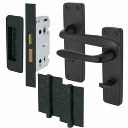 Sassari Matt Black Lever Door Handle Pack - 80mm Bathroom Lock - tradefit