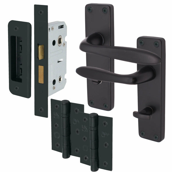 Sassari Matt Black Lever Door Handle Pack - 80mm Bathroom Lock - tradefit - Featured Image