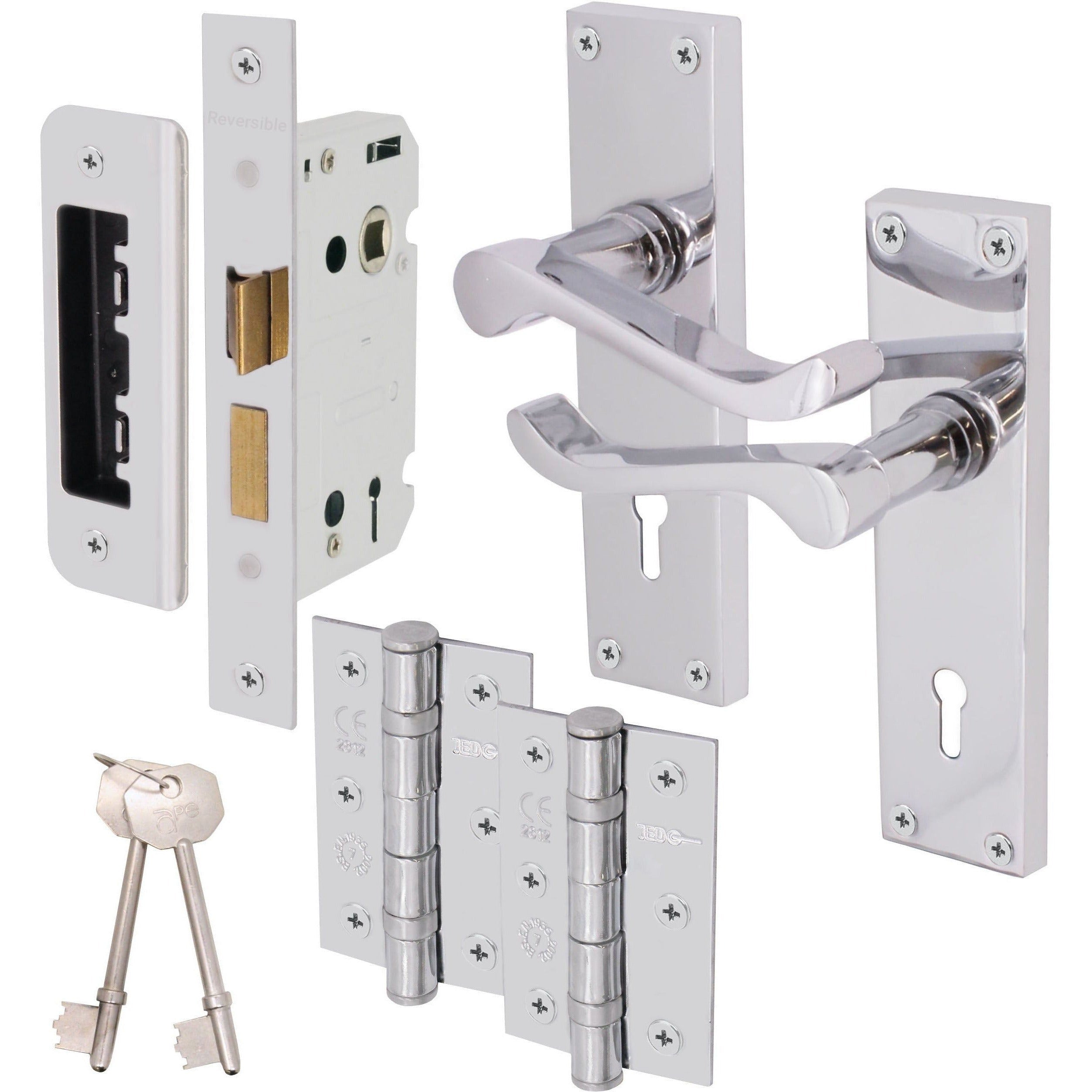 Victorian Scroll Polished Chrome Lever Door Handle Pack 65mm Sashlock