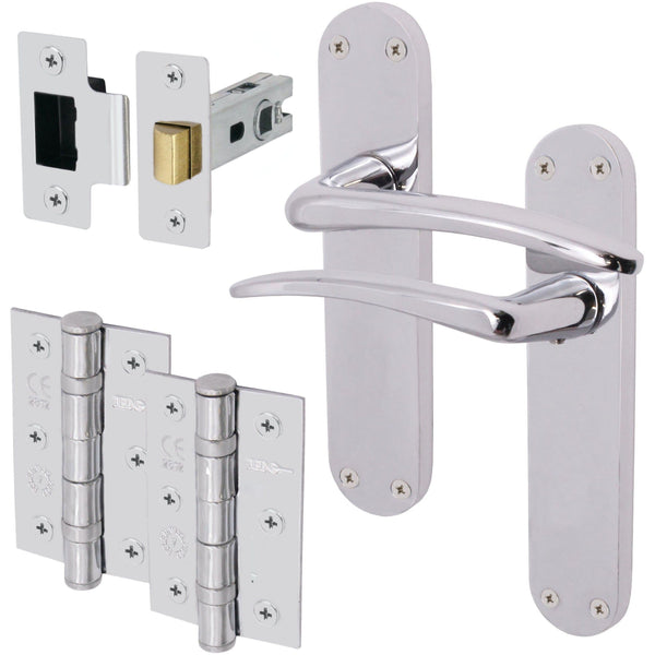 Chrome Lever on Backplate Latch Kit / Pack Zeno Design - 66mm Latch - 76mm Hinges - Polished Chrome - tradefit - Featured Image