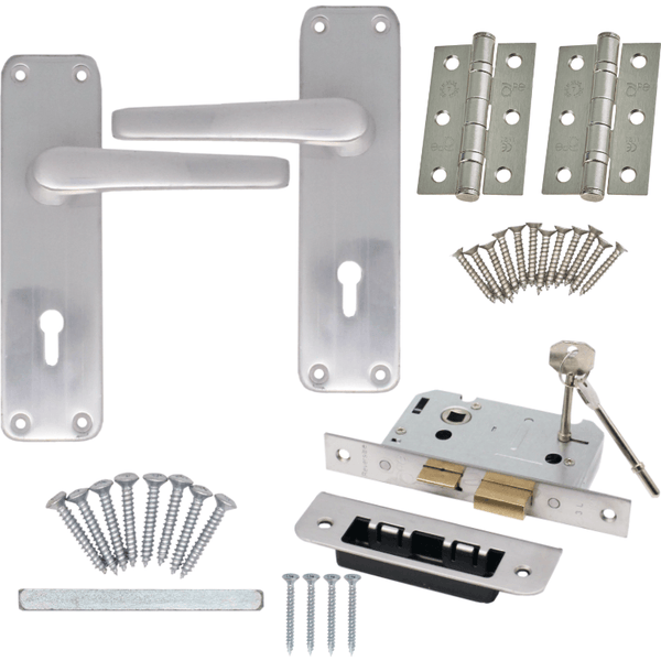 Aluminium Lever Door Handle Lock Kit / Pack - 153 x 40mm - Satin Aluminium - tradefit - Featured Image
