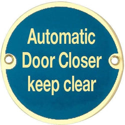 Automatic Door Closer Keep Clear Sign - 76mm - Polished Brass - tradefit