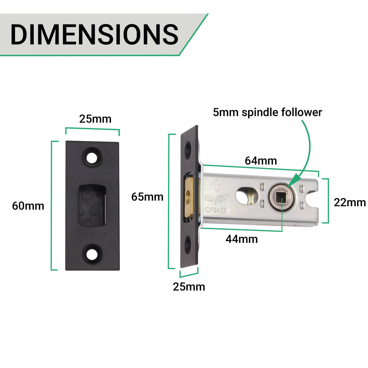 2.5 inch/64mm Tubular Bathroom Deadbolt - 44mm Backset - Matt Black - tradefit