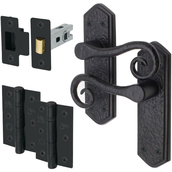 Curly Black Antique Lever on Backplate Latch Kit / Pack - 76mm Latch - 76mm Hinges - Black - tradefit - Featured Image