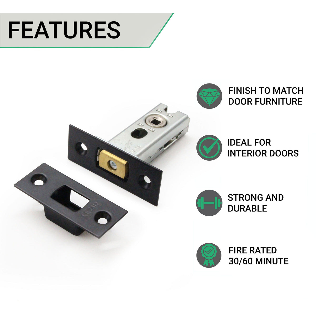 2.5 inch/64mm Tubular Bathroom Deadbolt - 44mm Backset - Matt Black - tradefit