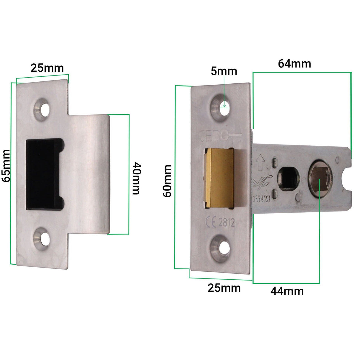 2.5 inch/64mm Tubular Latch Fire Rated Bolt Through - 44mm Backset - Satin Stainless Steel - tradefit