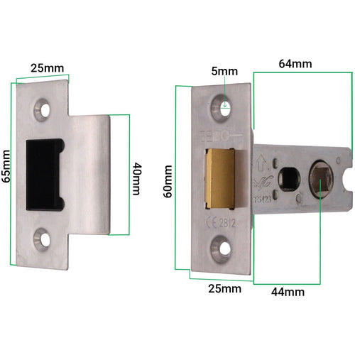 2.5 inch/64mm Tubular Latch Fire Rated Bolt Through - 44mm Backset - Satin Stainless Steel - tradefit