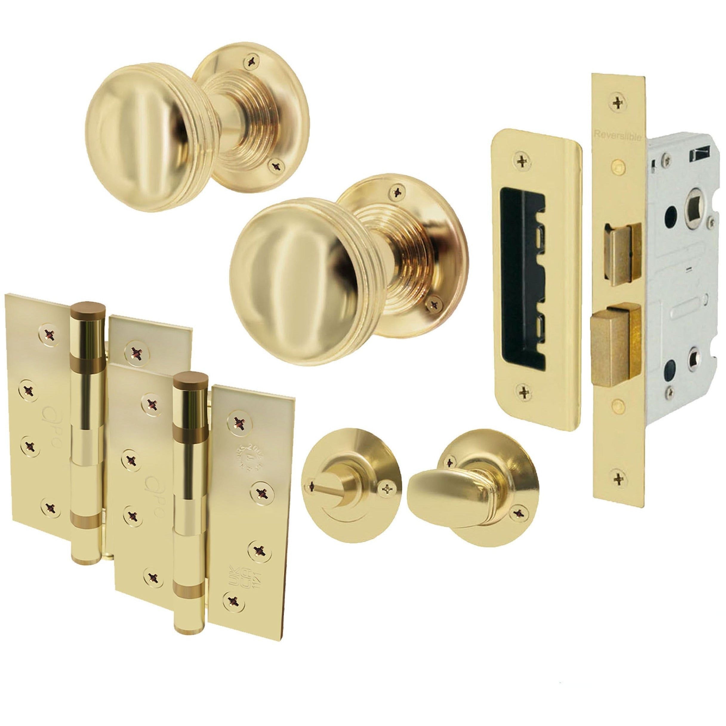 Lined Bathroom Knob Kit Polished Brass Knob 55mm Lock 80mm Hinge 102mm tradefit