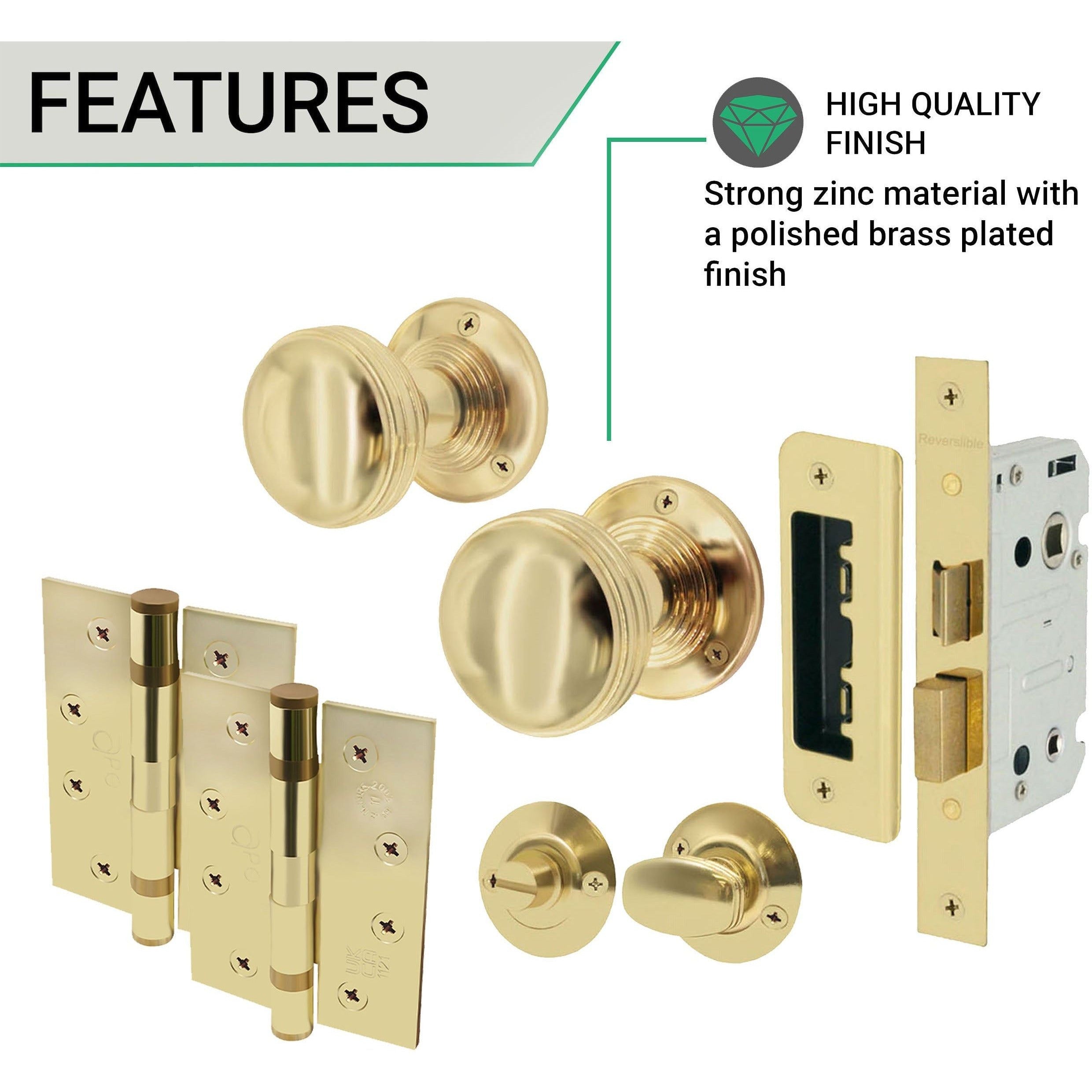 Lined Bathroom Knob Kit Polished Brass Knob 55mm Lock 80mm