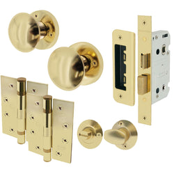 Victorian Polished Brass Mortice Door Knob Kit - 80mm Bathroom Lock - 102mm Hinges - tradefit