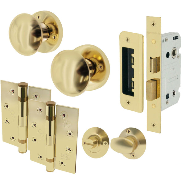 Victorian Polished Brass Mortice Door Knob Kit - 80mm Bathroom Lock - 102mm Hinges - tradefit - Featured Image