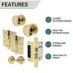 Victorian Polished Brass Mortice Door Knob Kit - 80mm Bathroom Lock - 102mm Hinges - tradefit - 2