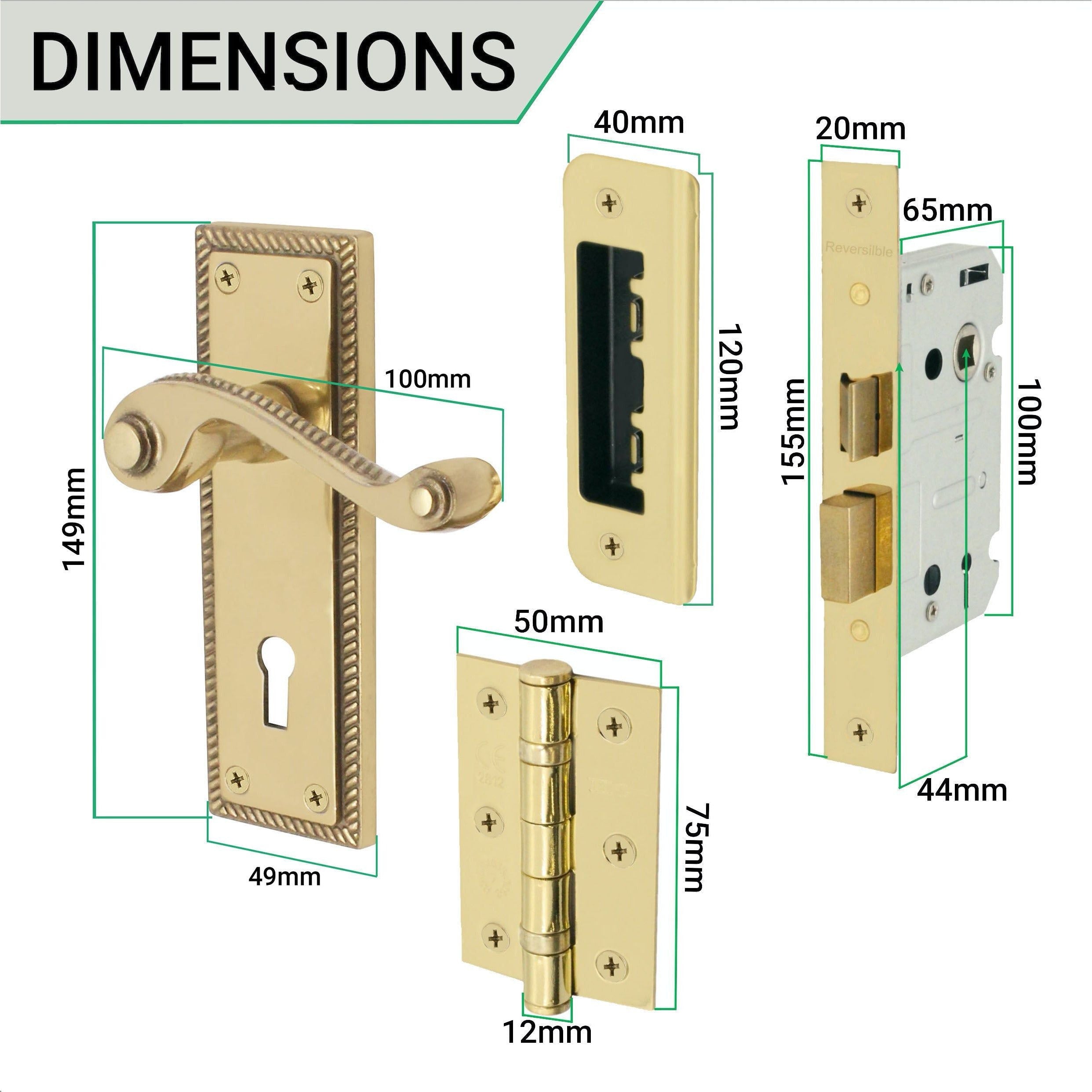 Rope Edge Lever Door Handles Lock Kit / Pack 65mm Lock