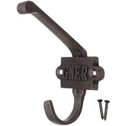 Cast Iron Double Coat Hook GNER Vintage Railway Hand Forged Self Coloured with Screws - tradefit