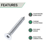 Spare Hinge Screws Pack 100 Pozi Wood Screw Countersunk - 4.0x25mm - Polished Chrome - tradefit - 2