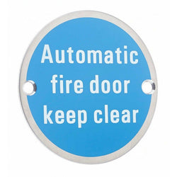 Circular Disc Fire Door Signage - 76mm x 1.5mm - Screw Fixed - Automatic Fire Door Keep Clear - tradefit