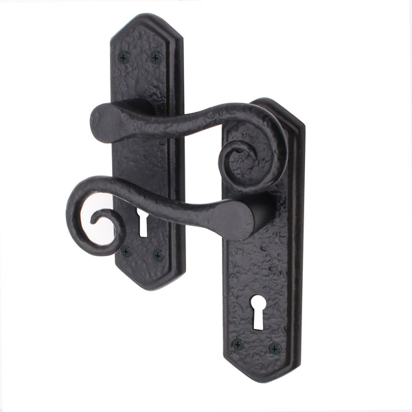 Black Iron Lever Door Handles on Backplate Curly Tail Pattern Lock Door Handles - Black - tradefit - Featured Image