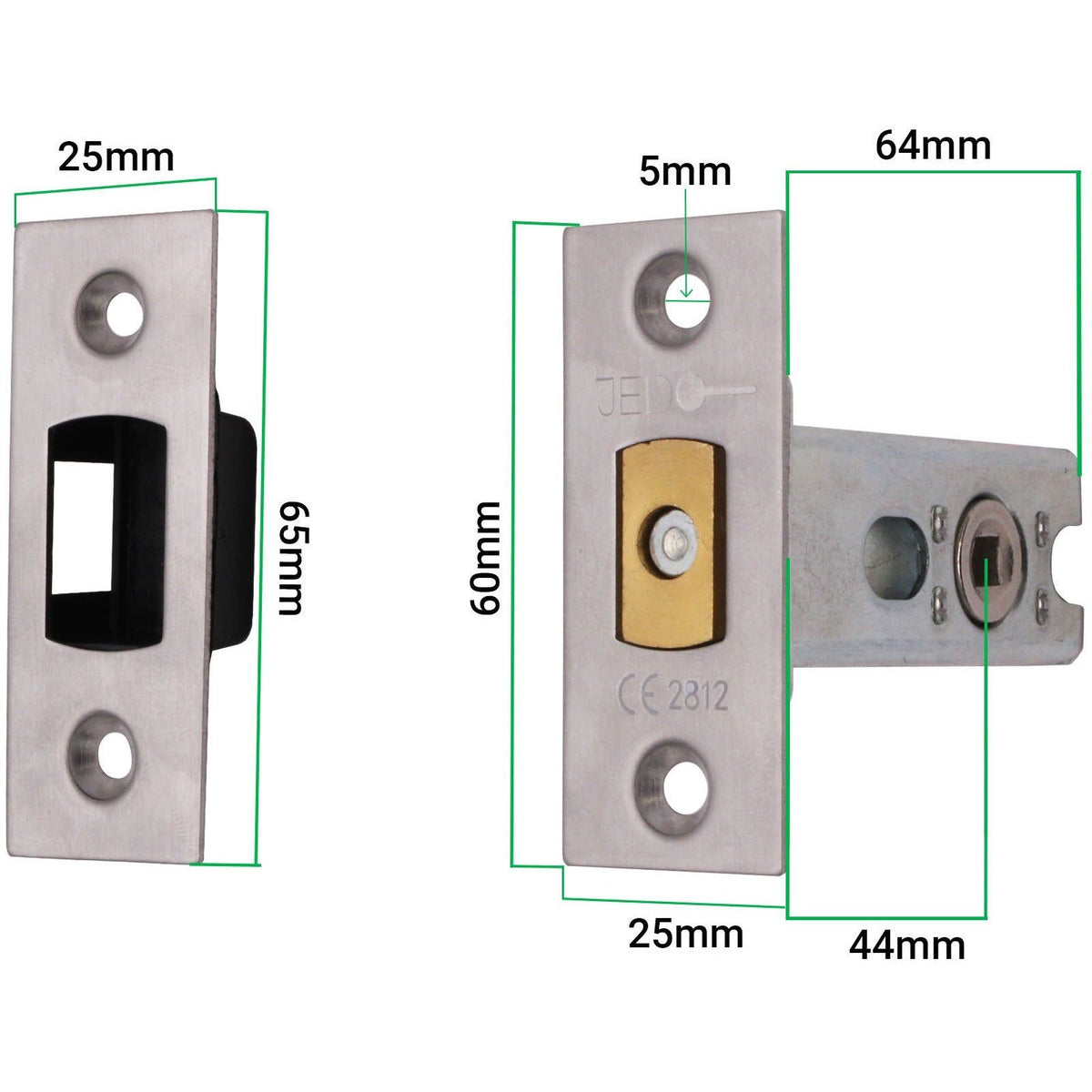 2.5 inch/64mm Tubular Deadbolt Bolt Through Fire Rated - 44mm Backset - Satin Stainless Steel - tradefit