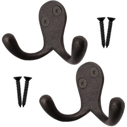 Double Robe Hook Iron Victorian British Pattern - 52mm - Pewter Polished Iron - Pack of 2 - tradefit