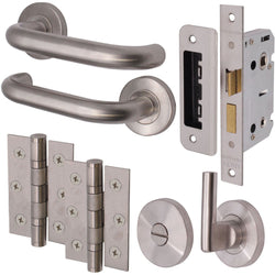 Return To Door Lever on Rose Handle Bathroom Lock Kit - Satin Stainless Steel - 76mm Hinges - 64mm Latch - tradefit