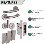 Return To Door Lever on Rose Handle Bathroom Lock Kit - Satin Stainless Steel - 102mm Hinges - 64mm Lock - tradefit - 2