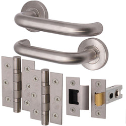 Return To Door Lever on Rose Handle Hinges & Latch Kit – Satin Stainless Steel - 76mm Hinges - 66mm Latch - tradefit