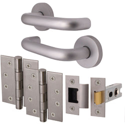 Return To Door Lever on Rose Handle Hinges & Latch Kit – Satin Aluminium - 102mm Hinges - 66mm Latch - tradefit