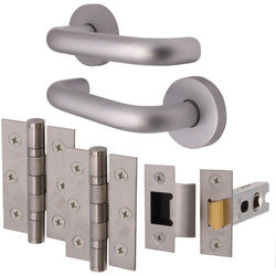 Return To Door Lever on Rose Handle Hinges & Latch Kit – Satin Aluminium - 76mm Hinges - 66mm Latch - tradefit