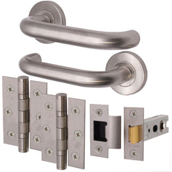 Return To Door Lever on Rose Handle Hinges & Latch Kit – Satin Stainless Steel - 76mm Hinges - 76mm Latch - tradefit