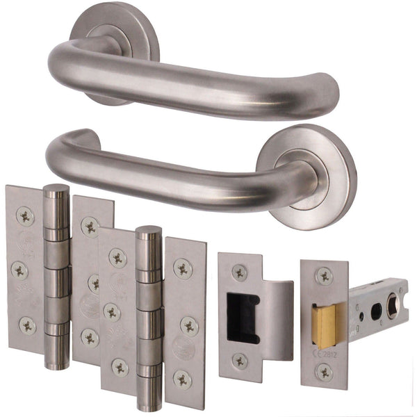 Return To Door Lever on Rose Handle Hinges & Latch Kit – Satin Stainless Steel - 76mm Hinges - 76mm Latch - tradefit - Featured Image