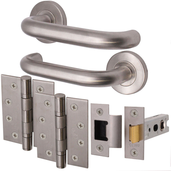 Return To Door Lever on Rose Handle Hinges & Latch Kit – Satin Stainless Steel - 102mm Hinges - 76mm Latch - tradefit - Featured Image