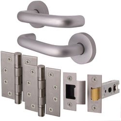 Return To Door Lever on Rose Handle Hinges & Latch Kit – Satin Aluminium - 102mm Hinges - 76mm Latch - tradefit
